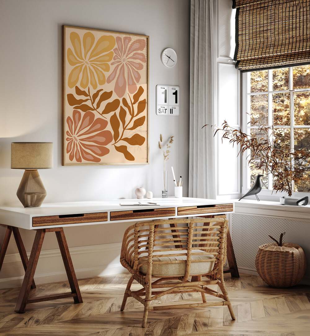 Earthy Elegance By Miho Art Studio Botanical Art Prints Floral Paintings in Oak Wood Plain Frame placed on a White Colored Wall near a Study Table in the Drawing Room