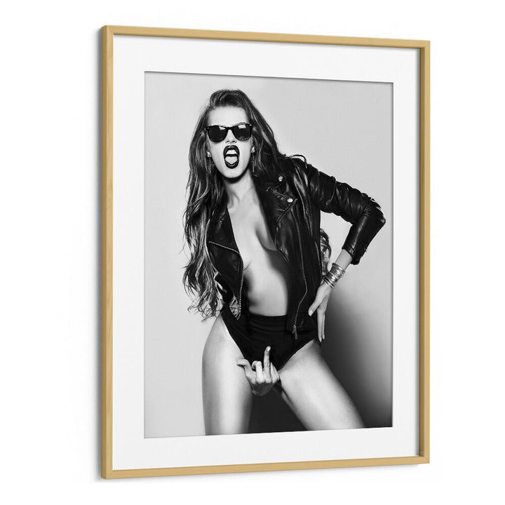 Bold and striking "EAT THIS, PHOTOGRAPHY PRINTS" by David Drake captures femininity in a sleek oak frame.