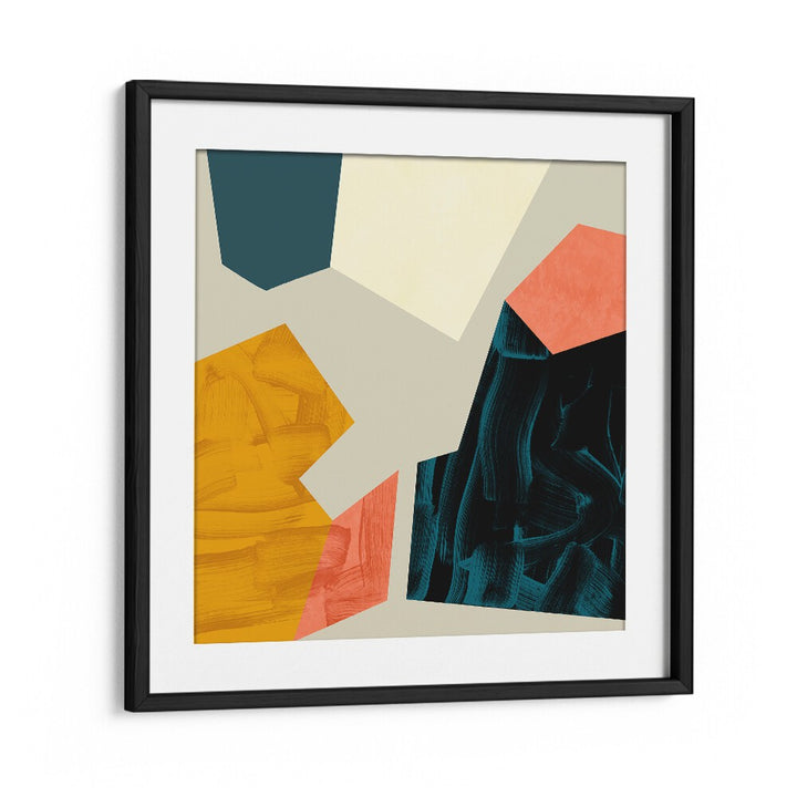 ECKEN III, ABSTRACT PAINTINGS by Ana Rut Bre features vibrant shapes in a sleek black frame, perfect for any space.