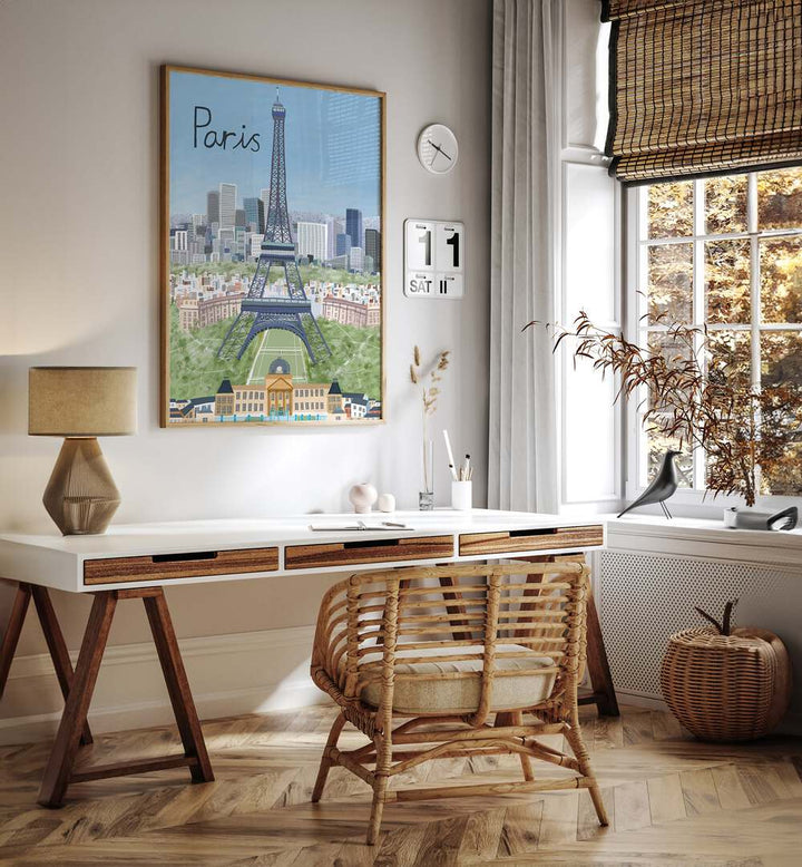 Elevate your decor with the EIFFEL TOWER WITH PARIS CITY, TRAVEL POSTERS by Carla Daly, showcasing Paris's iconic skyline.