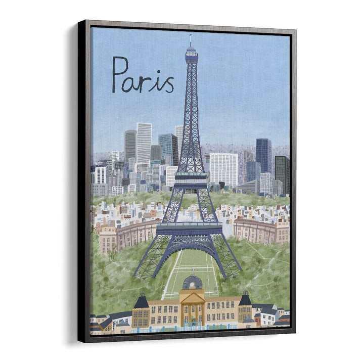 Framed EIFFEL TOWER WITH PARIS CITY, TRAVEL POSTERS by Carla Daly, showcasing the iconic Paris skyline delightfully.