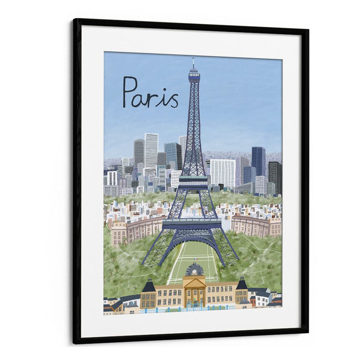 Framed EIFFEL TOWER WITH PARIS CITY, TRAVEL POSTERS by Carla Daly captures the allure of Paris in vibrant detail.