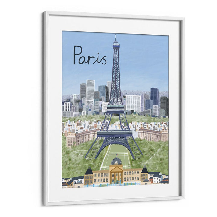 Framed EIFFEL TOWER WITH PARIS CITY, TRAVEL POSTERS by Carla Daly captures Paris's charm and skyline elegance.