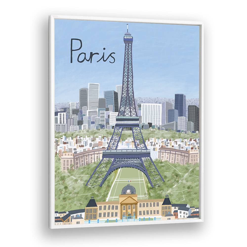 Framed EIFFEL TOWER WITH PARIS CITY, TRAVEL POSTERS by Carla Daly, showcasing Parisian skyline charm. Perfect for decor!
