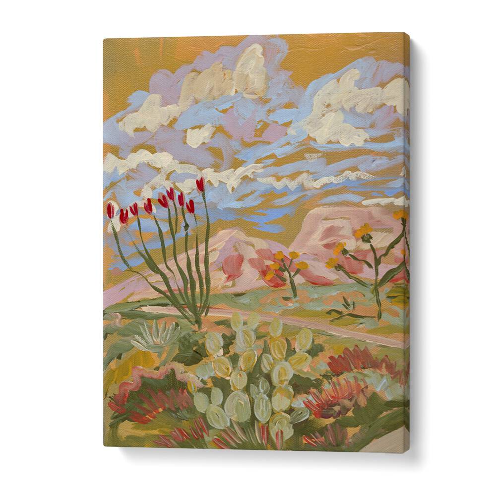 Vibrant landscape featuring DESSERT FLOWERS I, FLORAL FLOWER PAINTINGS by Eleanor Baker, showcasing colorful botanical beauty.