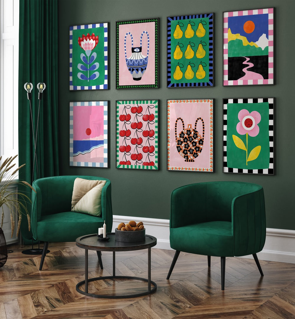 Vibrant ELENA RISTOVA ARTWORKS GALLERY WALL featuring colorful framed prints, available at Asianmonk. GALLERY WALLS.