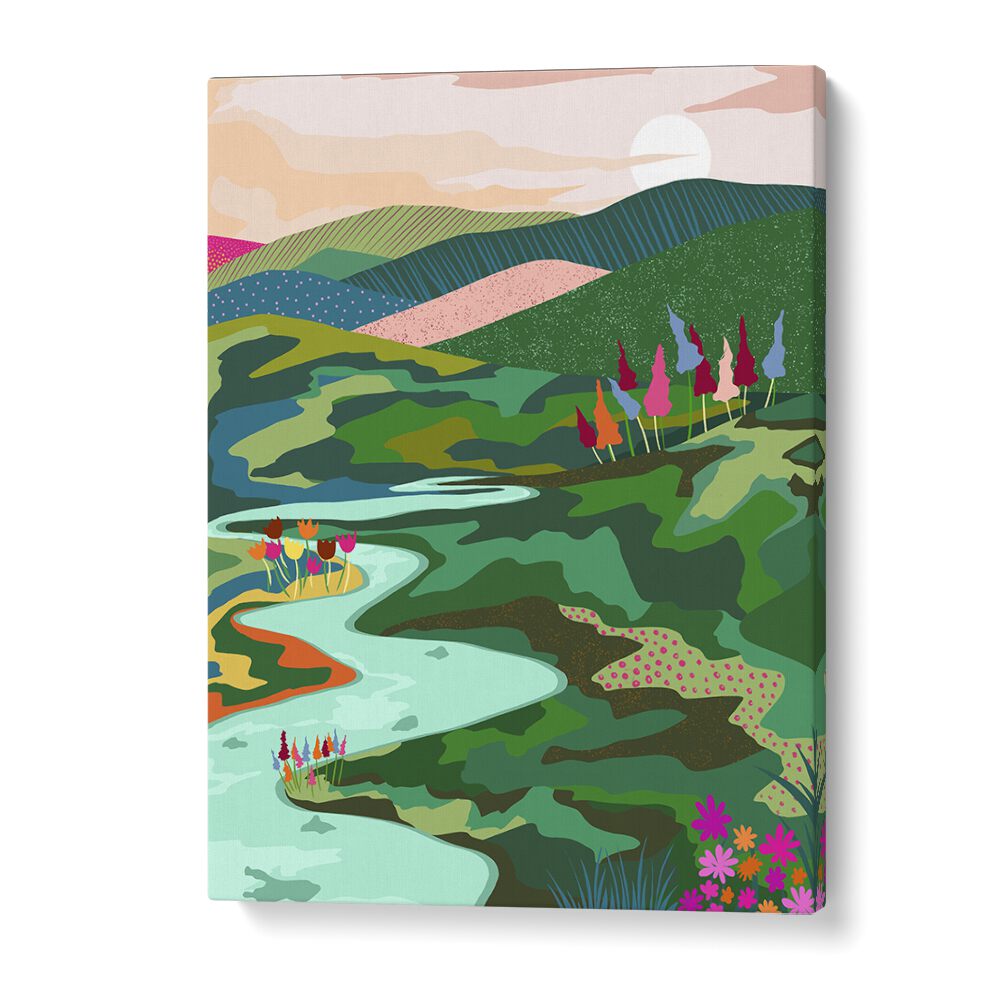 Colorful landscape painting "Endless Love" by Uma Gokhale, perfect for adding serenity to your space. ENDLESS LOVE, LANDSCAPE PAINTINGS.