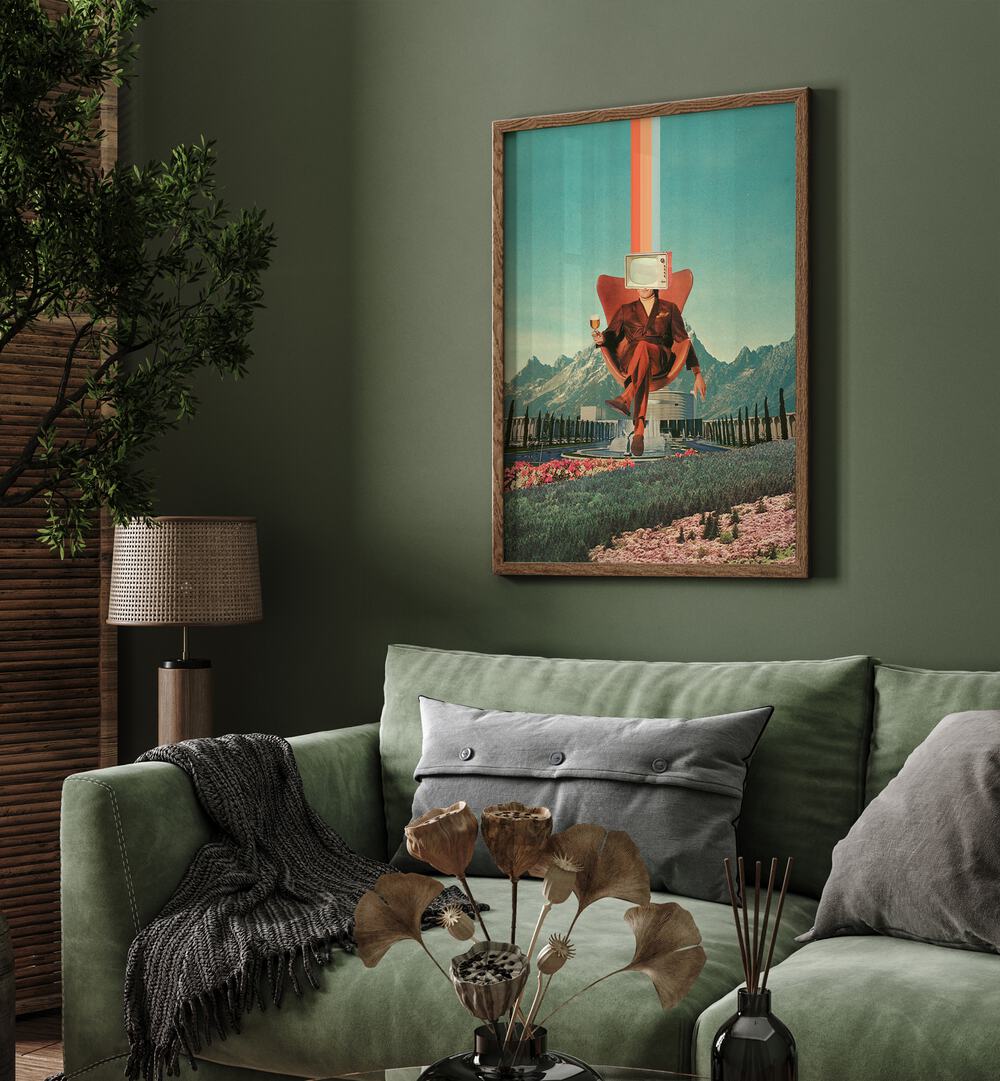 Vibrant ENEMY, SURREAL ART PRINTS by Frank Moth displayed in a stylish living room setting with greenery.