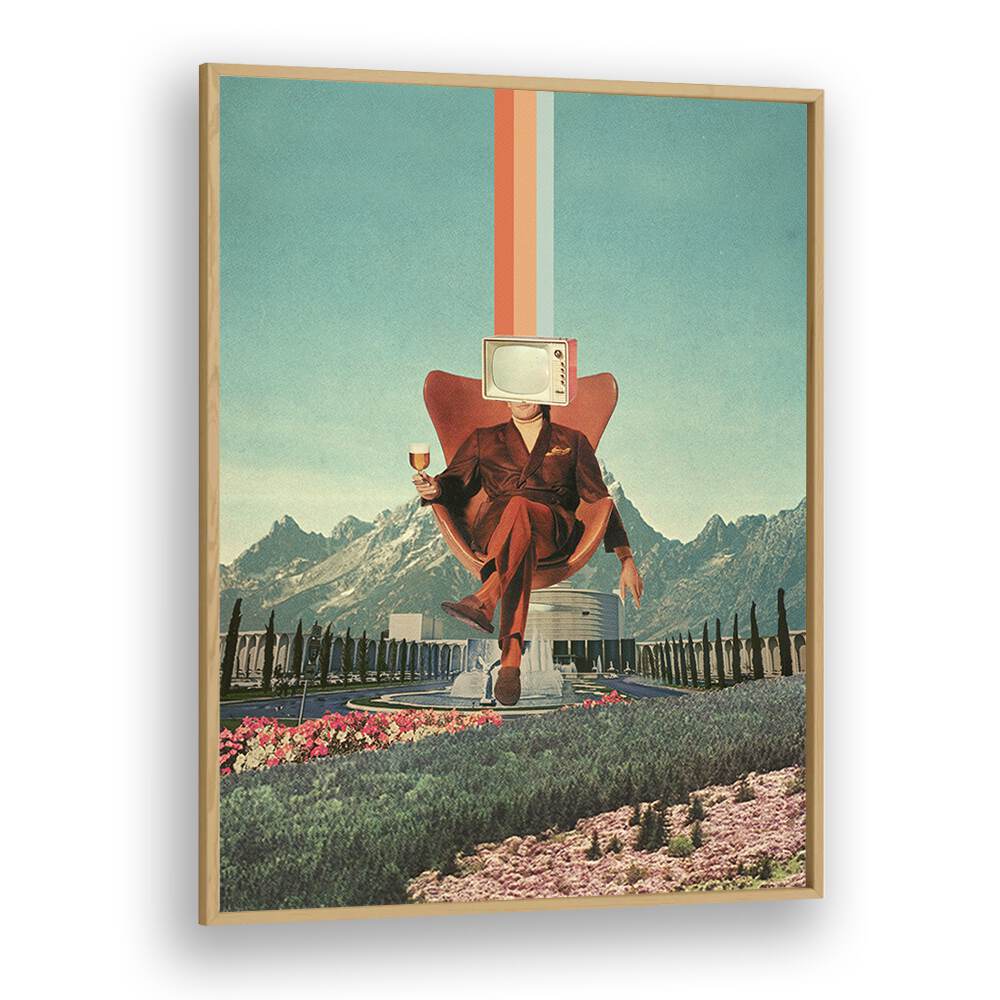 Vibrant surreal art print "ENEMY" by Frank Moth, showcasing imagination in a striking oak frame. Perfect for art lovers.