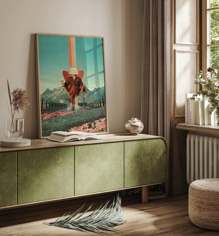 Stylish interior featuring "ENEMY, SURREAL ART PRINTS" by Frank Moth, showcasing vibrant surrealism and imagination.