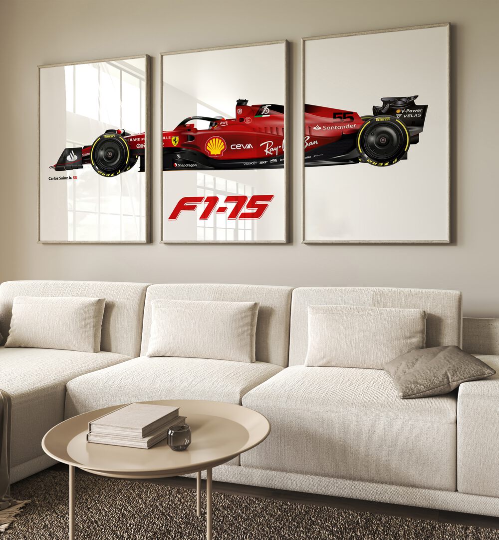 Rev up your space with the F1 - 75 CARLOS SAINZ JR. 55, SET OF 3 PAINTINGS showcasing dynamic racing art.