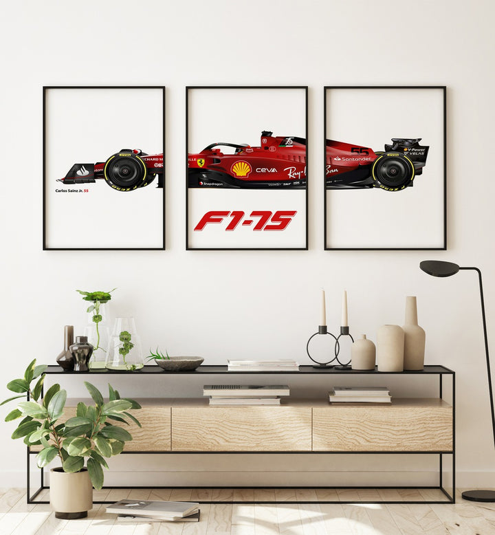 Rev up your decor with the F1 - 75 CARLOS SAINZ JR. 55, SET OF 3 PAINTINGS featuring dynamic racing art.