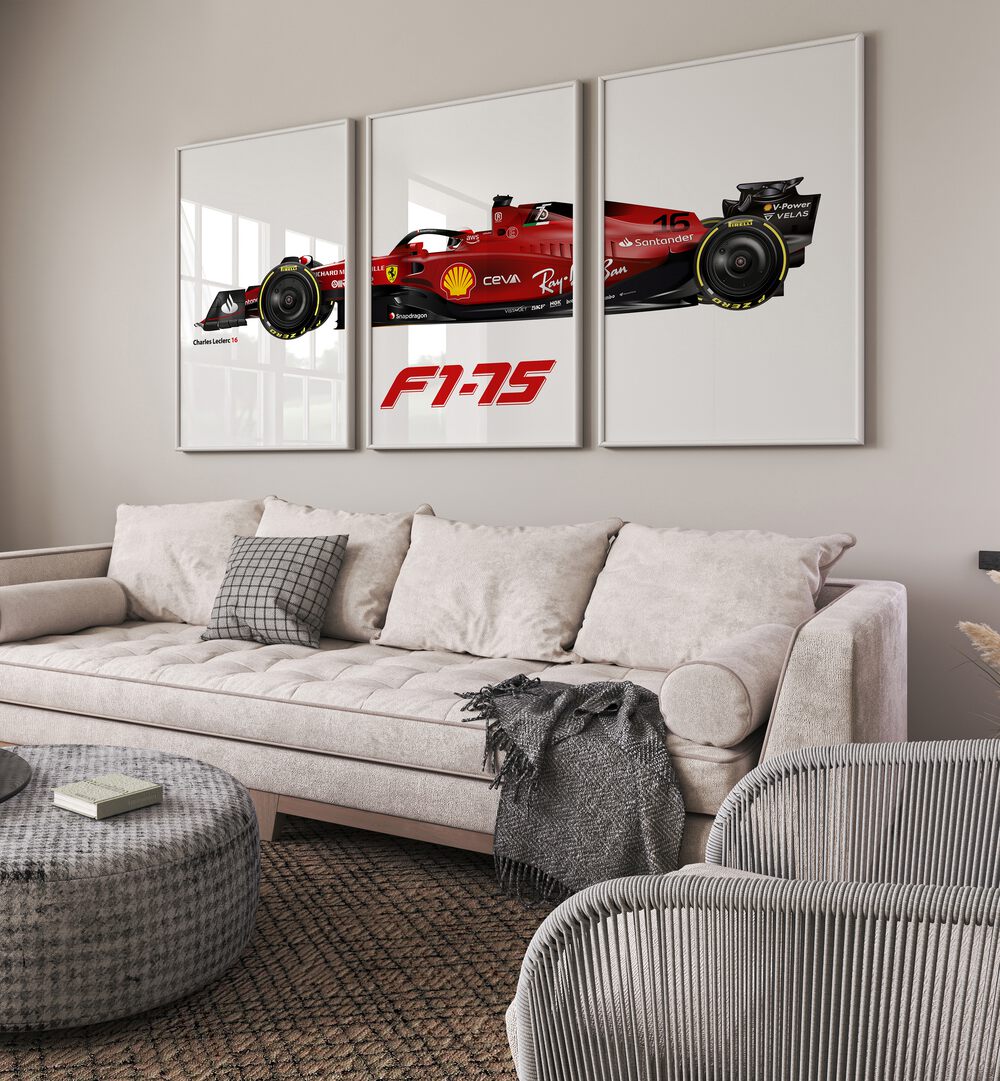 F1 - 75 - CHARLES LECLERC 16, SET OF 3 PAINTINGS showcases the iconic F1-75, perfect for motorsport enthusiasts.