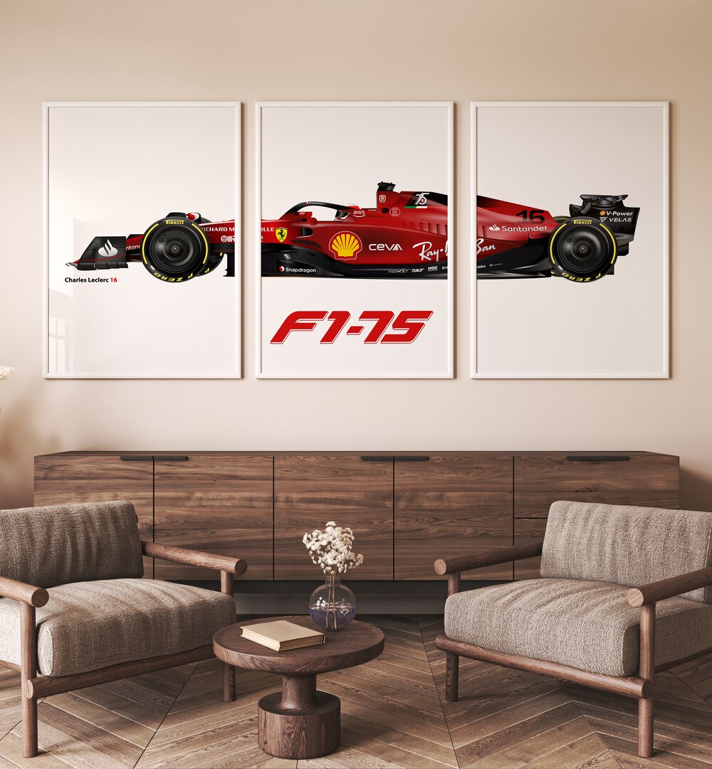 Framed artwork showcasing the F1 - 75 - CHARLES LECLERC 16, SET OF 3 PAINTINGS, perfect for motorsport fans.