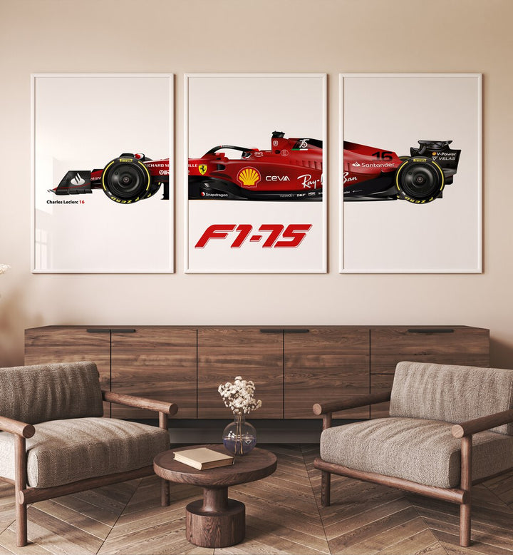 Framed artwork showcasing the F1 - 75 - CHARLES LECLERC 16, SET OF 3 PAINTINGS, perfect for motorsport fans.