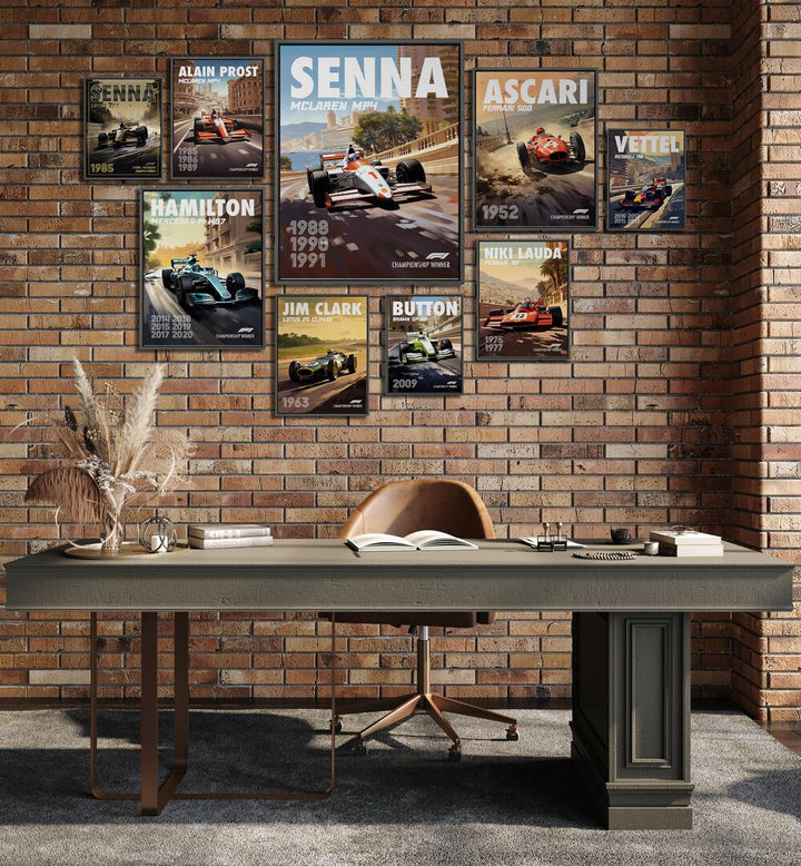 F1 CHAMPIONS GALLERY WALL at Asianmonk showcases iconic racing drivers in a stunning gallery wall display.