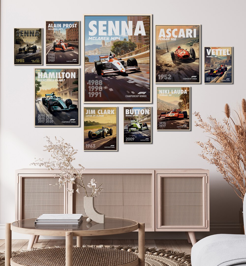 Stylish F1 CHAMPIONS GALLERY WALL at Asianmonk showcasing legendary drivers and racing history in framed prints.