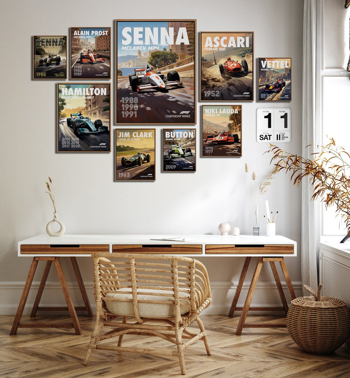 F1 CHAMPIONS GALLERY WALL at Asianmonk showcases iconic drivers in a stunning gallery wall display.
