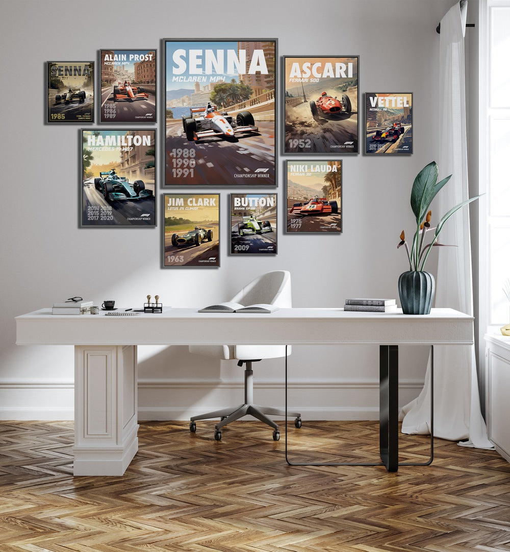 F1 CHAMPIONS GALLERY WALL at Asianmonk showcases iconic drivers in a stunning collection of framed prints.