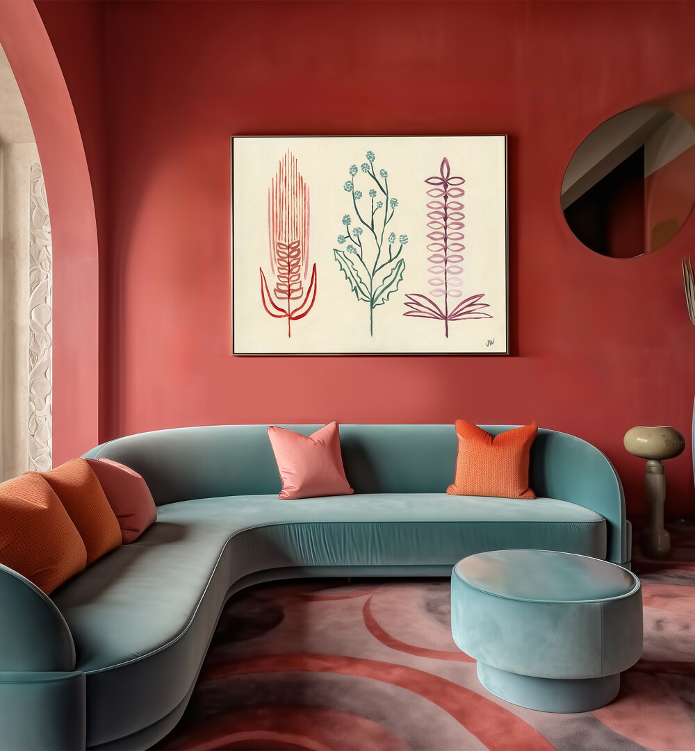 Brightly colored abstract floral art, FALL SHAPES I, FLORAL FLOWER PAINTINGS, perfect for enhancing your space.