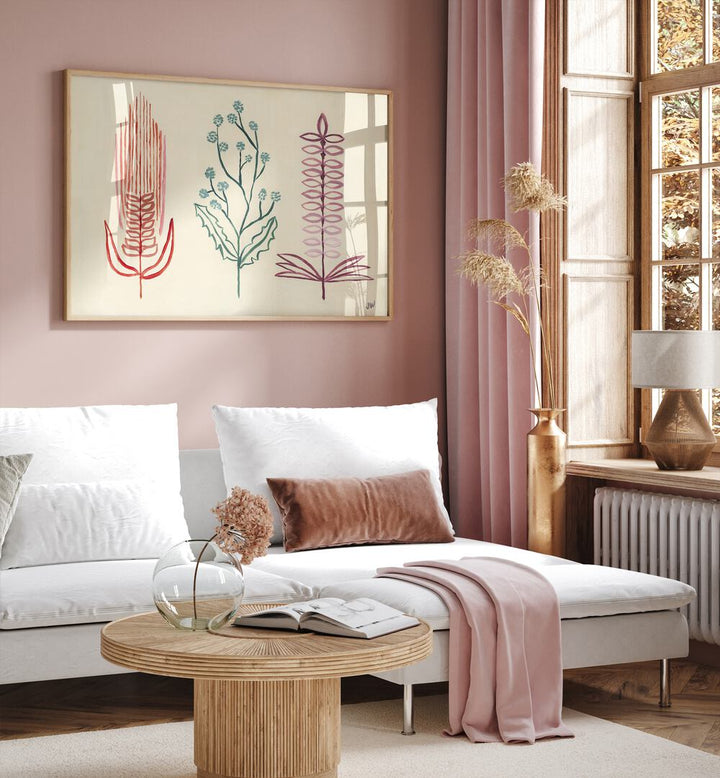 Stylish living room featuring FALL SHAPES I, FLORAL FLOWER PAINTINGS, enhancing the space with vibrant abstract florals.