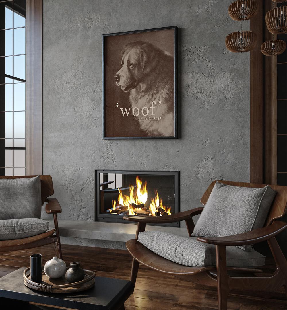 FAMOUS QUOTE DOG, QUOTES poster by Florent Bodart, showcasing a majestic dog with the word 'woof' beautifully illustrated.