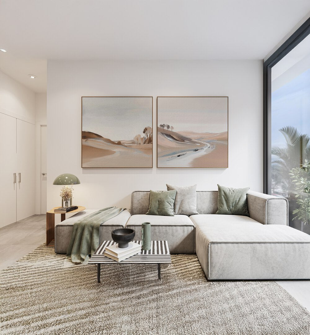 Enhance your decor with the FARM VIEW SET, SET OF 2 PAINTINGS, showcasing serene rural landscapes in your home.