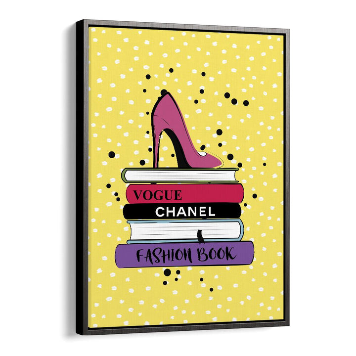 Chic FASHION BOOKS and FASHION POSTERS art piece featuring stylish titles and a high heel, perfect for elegant décor.