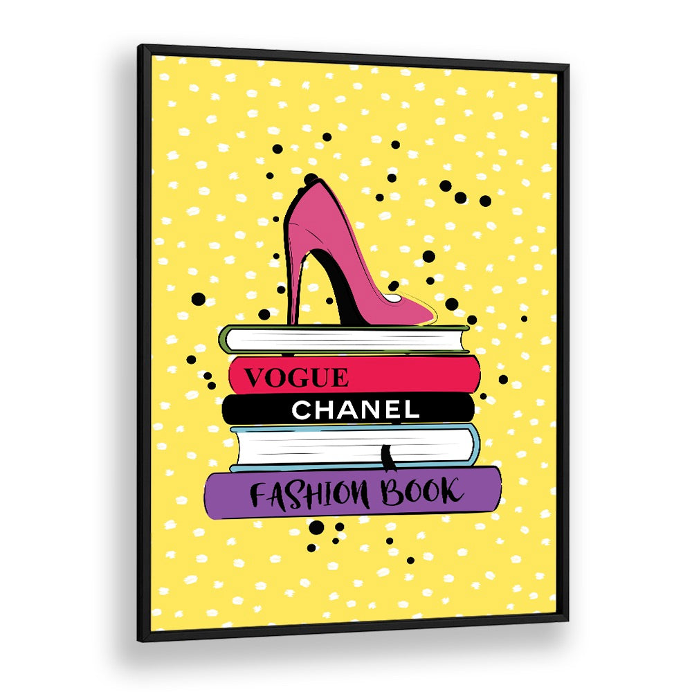 Chic FASHION BOOKS and FASHION POSTERS art print featuring stylish titles and a striking high heel, perfect for decor.