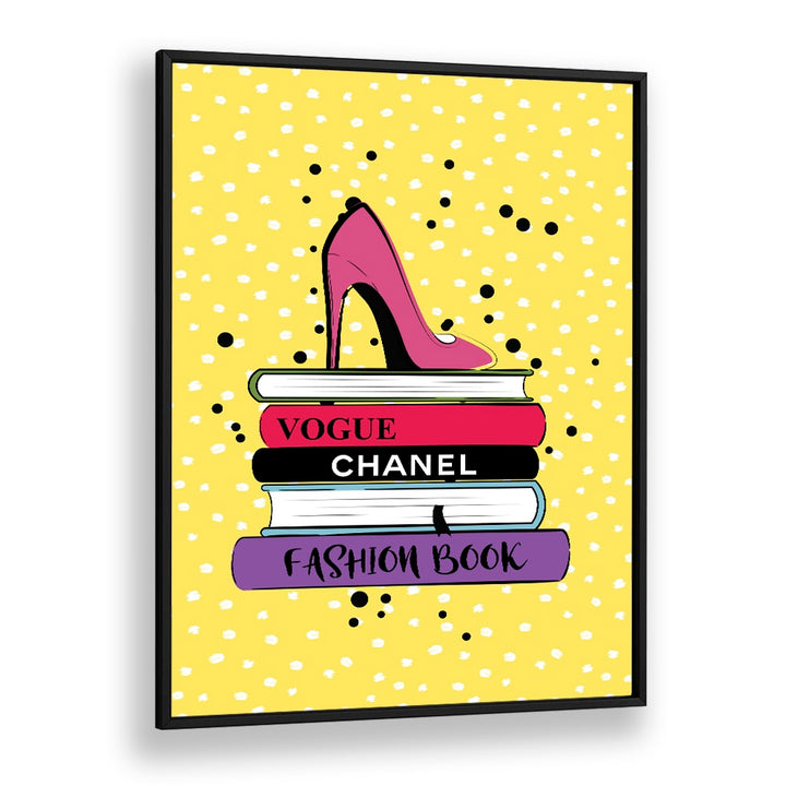 Chic FASHION BOOKS and FASHION POSTERS art print featuring stylish titles and a striking high heel, perfect for decor.