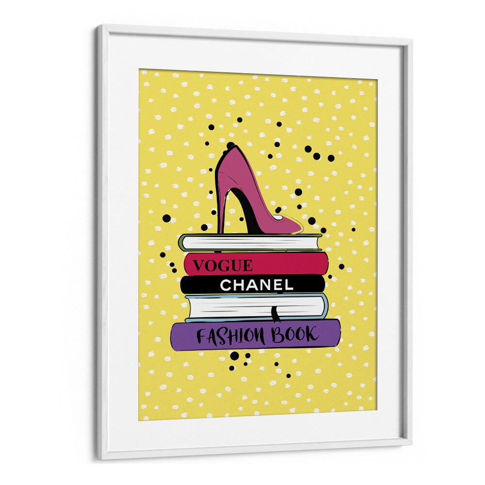 Chic FASHION BOOKS and FASHION POSTERS art piece featuring stylish colors and high heel design, perfect for décor.