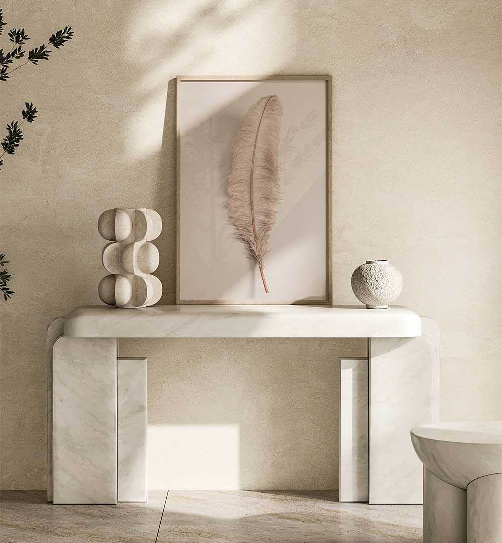 Transform your space with FEATHER II, BOHO ART PAINTINGS showcasing a delicate feather in a chic, minimalist setting.