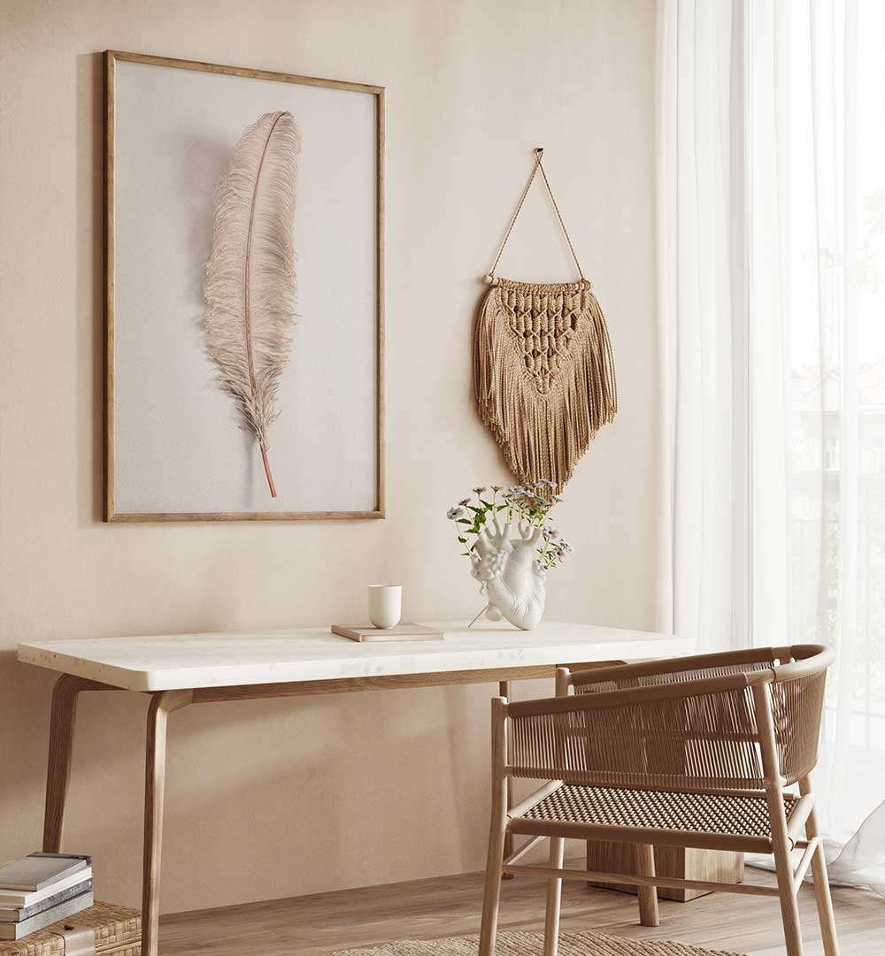 Stylish FEATHER II, BOHO ART PAINTINGS enhance your space with contemporary and bohemian design elements.