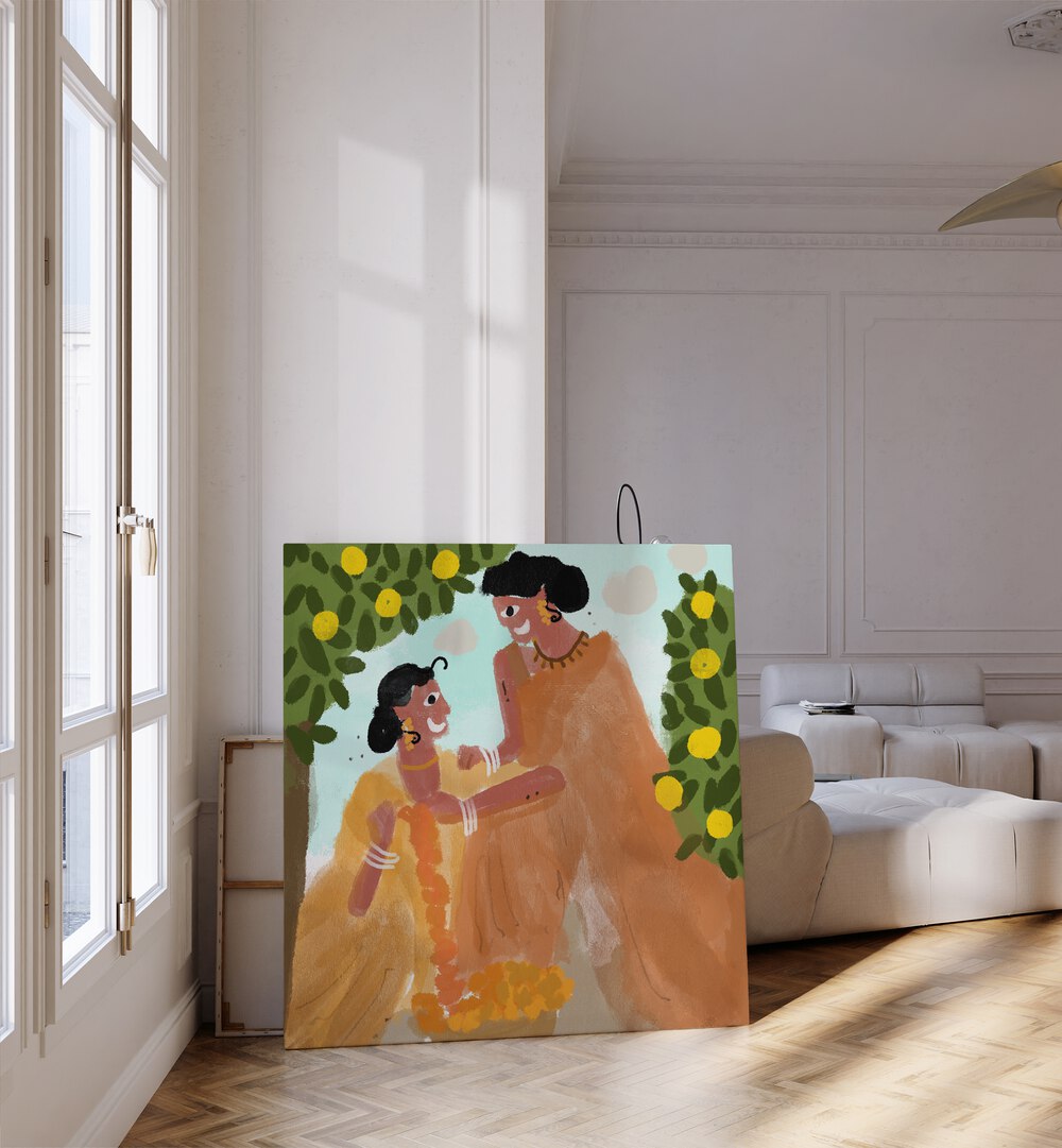 Festive Celebrations By Shreya Roy Chowdary, Indian Art Paintings Artwork in Gallery Wrap placed on a Wooden Floor near a White Colored Wall in the Living Room