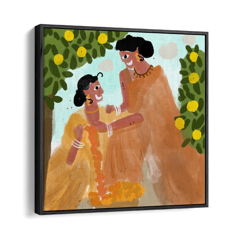 Festive Celebrations By Shreya Roy Chowdary, Indian Art Paintings Artwork in Black Floater Frame