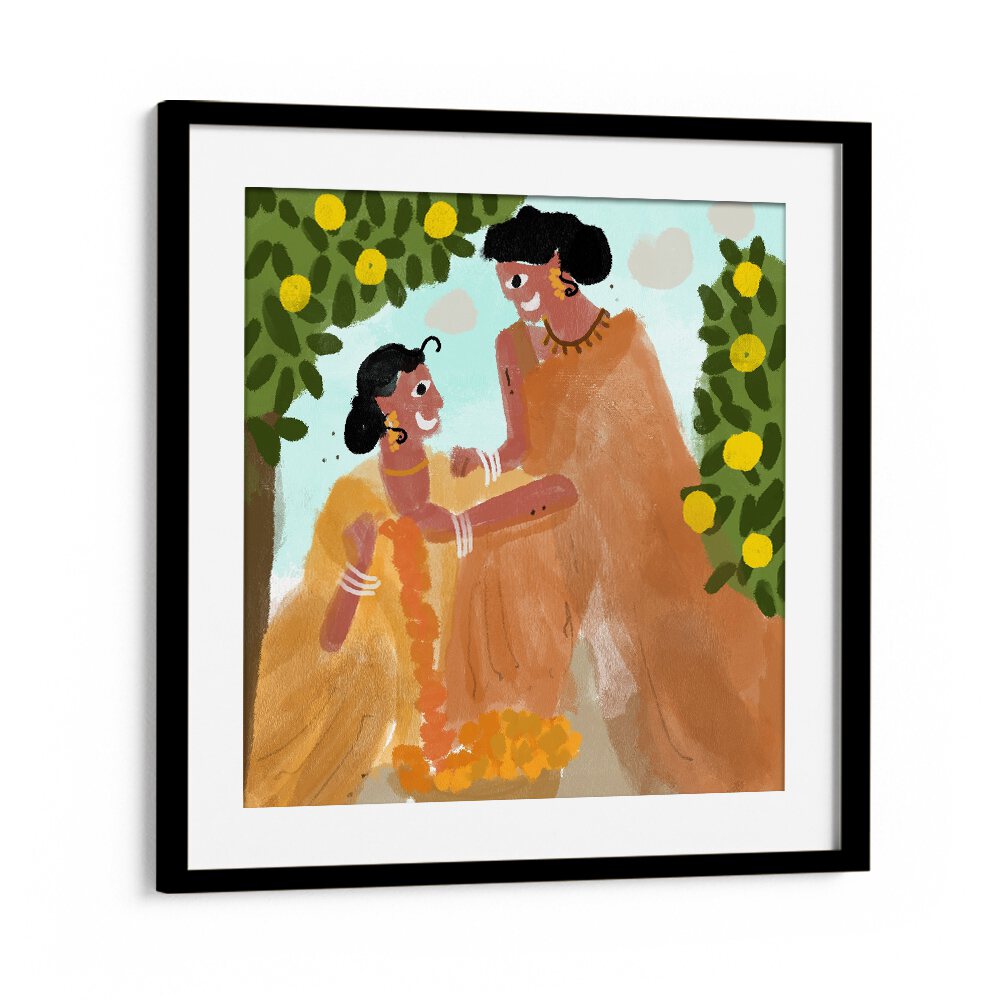 Festive Celebrations By Shreya Roy Chowdary, Indian Art Paintings Artwork in Black Frame With Mount