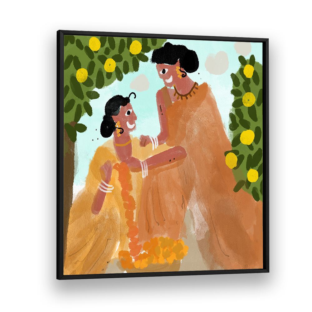 Festive Celebrations By Shreya Roy Chowdary, Indian Art Paintings Artwork in Black Plain Frame