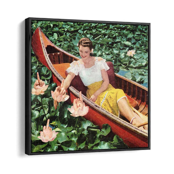 FINGER PETAL REVERIE, SURREAL ART PRINTS showcase a serene scene of a woman in a canoe among blooming lotus flowers.