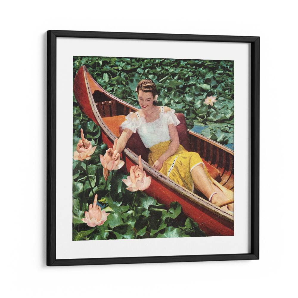 FINGER PETAL REVERIE, SURREAL ART PRINTS by Vertigo Artography, featuring a woman in a boat among vibrant lilies.