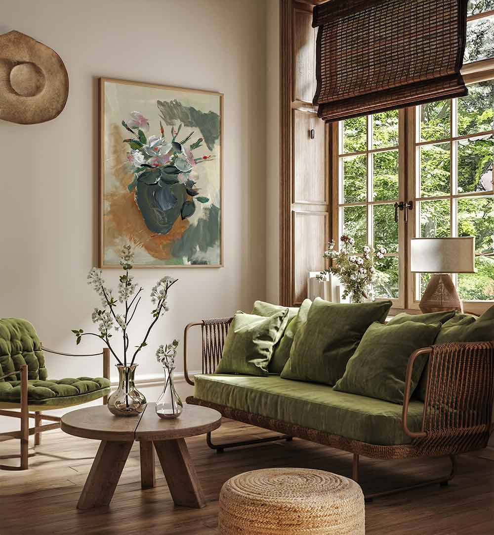 Bright and elegant FIORI IN UN NO I, FLORAL FLOWER PAINTINGS enhancing a stylish living room decor.