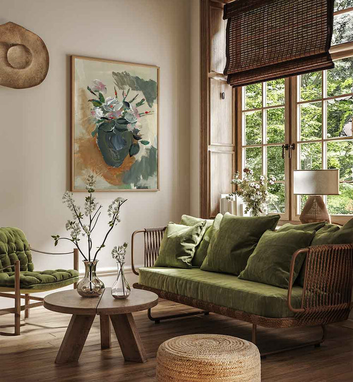 Bright and elegant FIORI IN UN NO I, FLORAL FLOWER PAINTINGS enhancing a stylish living room decor.