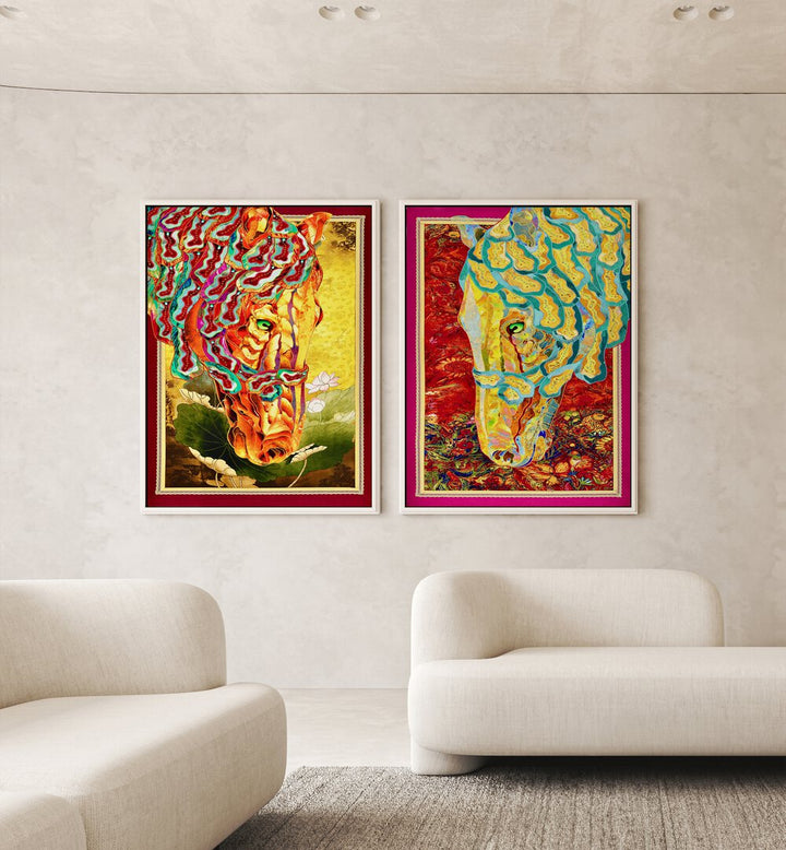 Vibrant FIRE & Flow set of 2 paintings featuring colorful horse illustrations that elevate modern interiors.