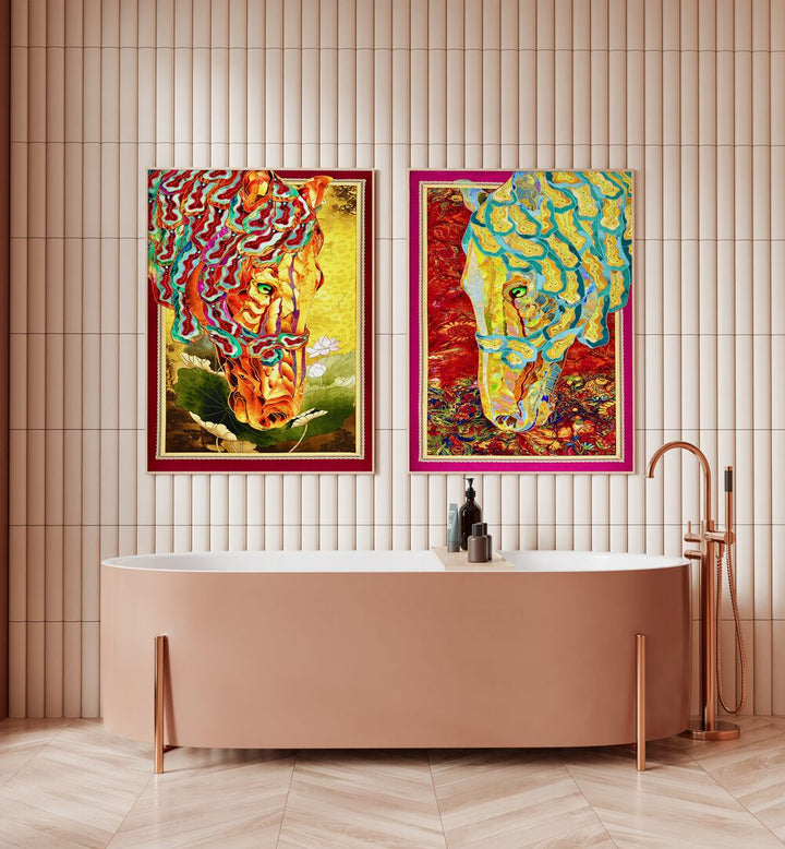 Bold FIRE & FLOW SET of 2 vibrant horse paintings enhances modern interiors with captivating color and style.