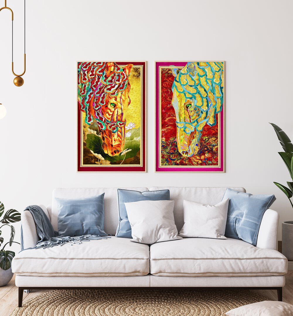 Vibrant FIRE & FLOW set of 2 horse paintings, perfect for modern interiors and adding bold color.