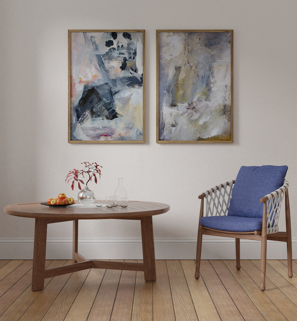 Stylish living room featuring the FLOATING LAYERS SET, SET OF 2 PAINTINGS, enhancing modern home decor beautifully.