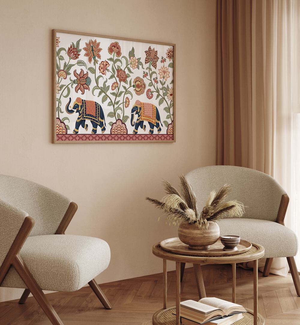 Floral Serenade Elephant's Symphony, Indian art paintings showcasing vibrant elephants and floral patterns in a serene setting.