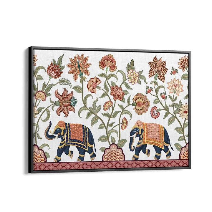 Floral Serenade Elephant's Symphony, Indian art paintings featuring elephants and vibrant floral patterns in a black frame.