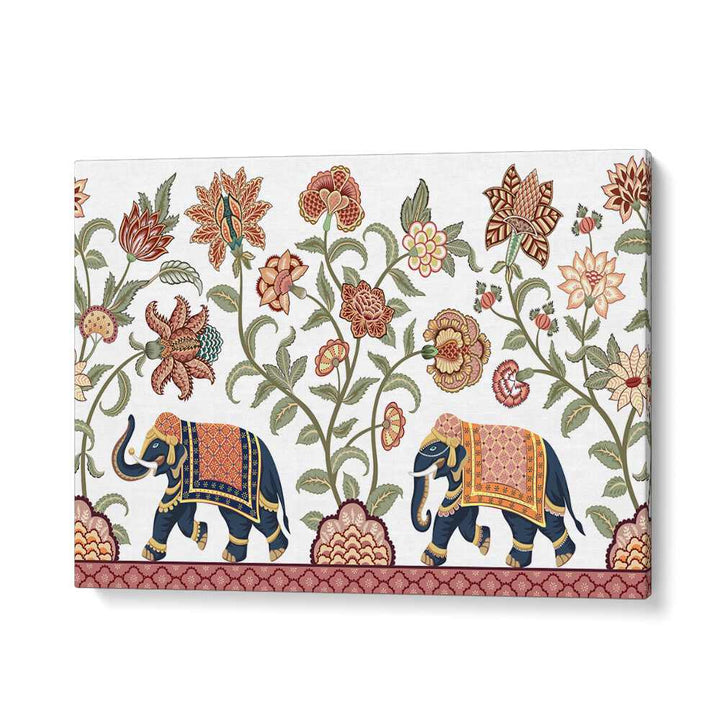 Elegant "Floral Serenade Elephant's Symphony" showcases stunning Indian art paintings with intricate floral designs.