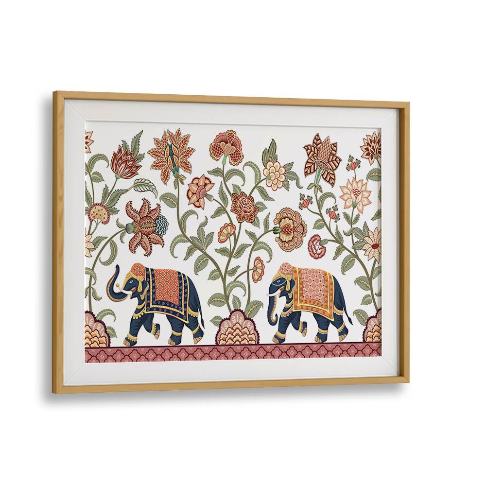 Discover the elegance of FLORAL SERENADE ELEPHANT'S SYMPHONY, INDIAN ART PAINTINGS, beautifully framed in oak.