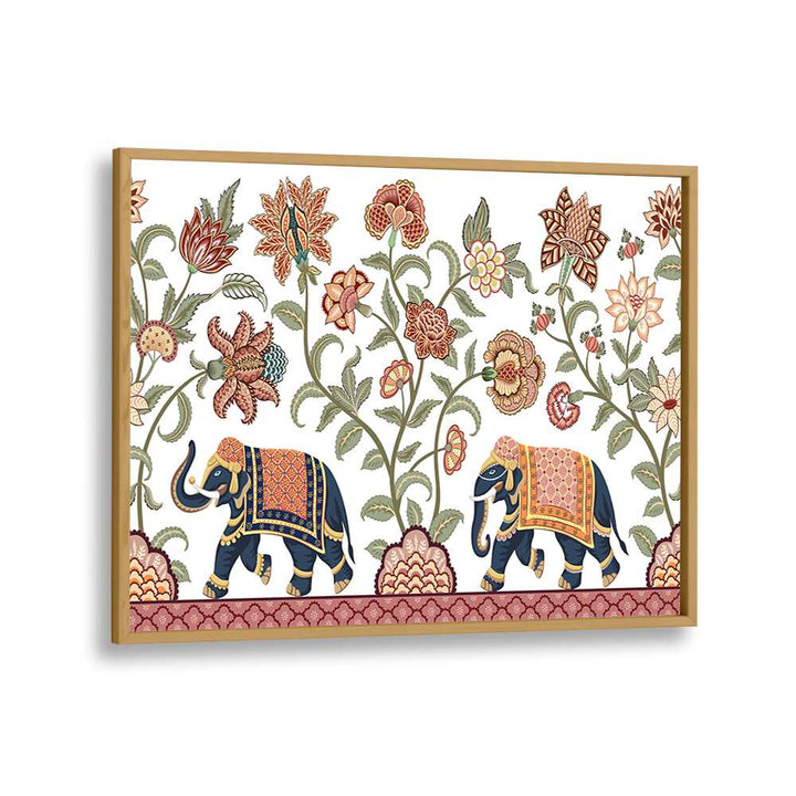 Floral Serenade Elephant's Symphony showcases vibrant elephants and blossoms, a hallmark of Indian art paintings.